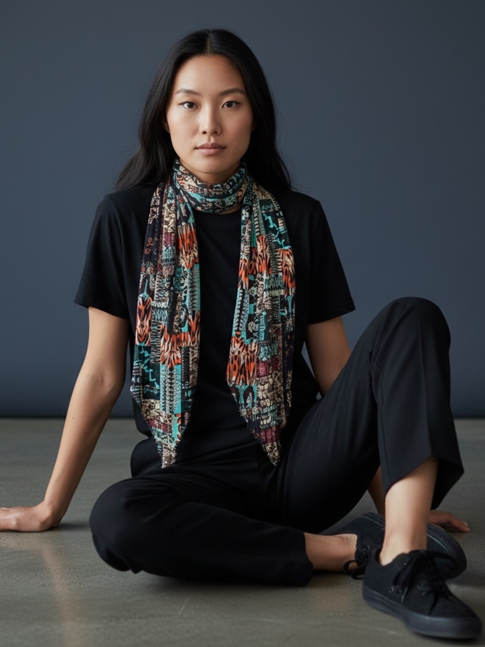 Vibrant Aztec Tribal Geometric Pleated Plissé Diamond Scarf - Teal & Orange #227